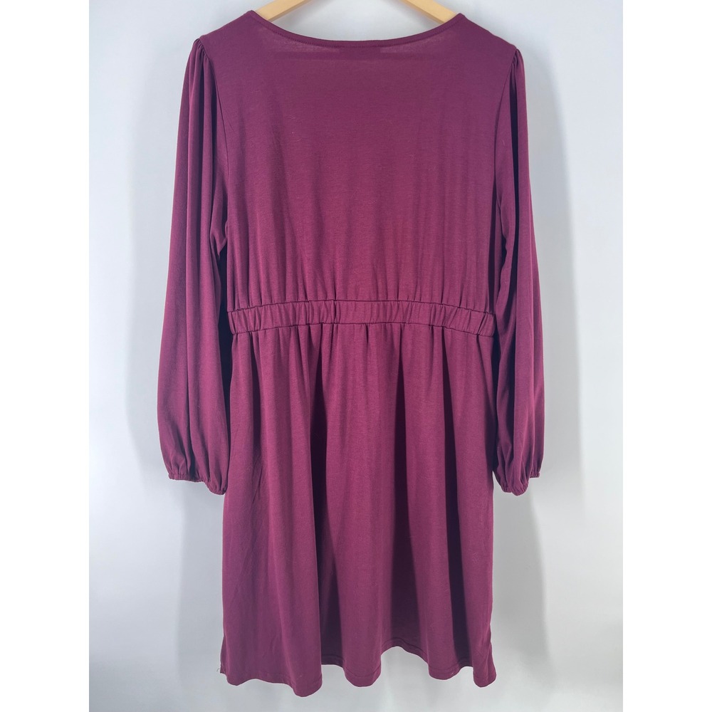 Womens Burgundy Long Sleeve Button Down Elastic Waist Mini Dress L Romantic Chic - Picture 5 of 5